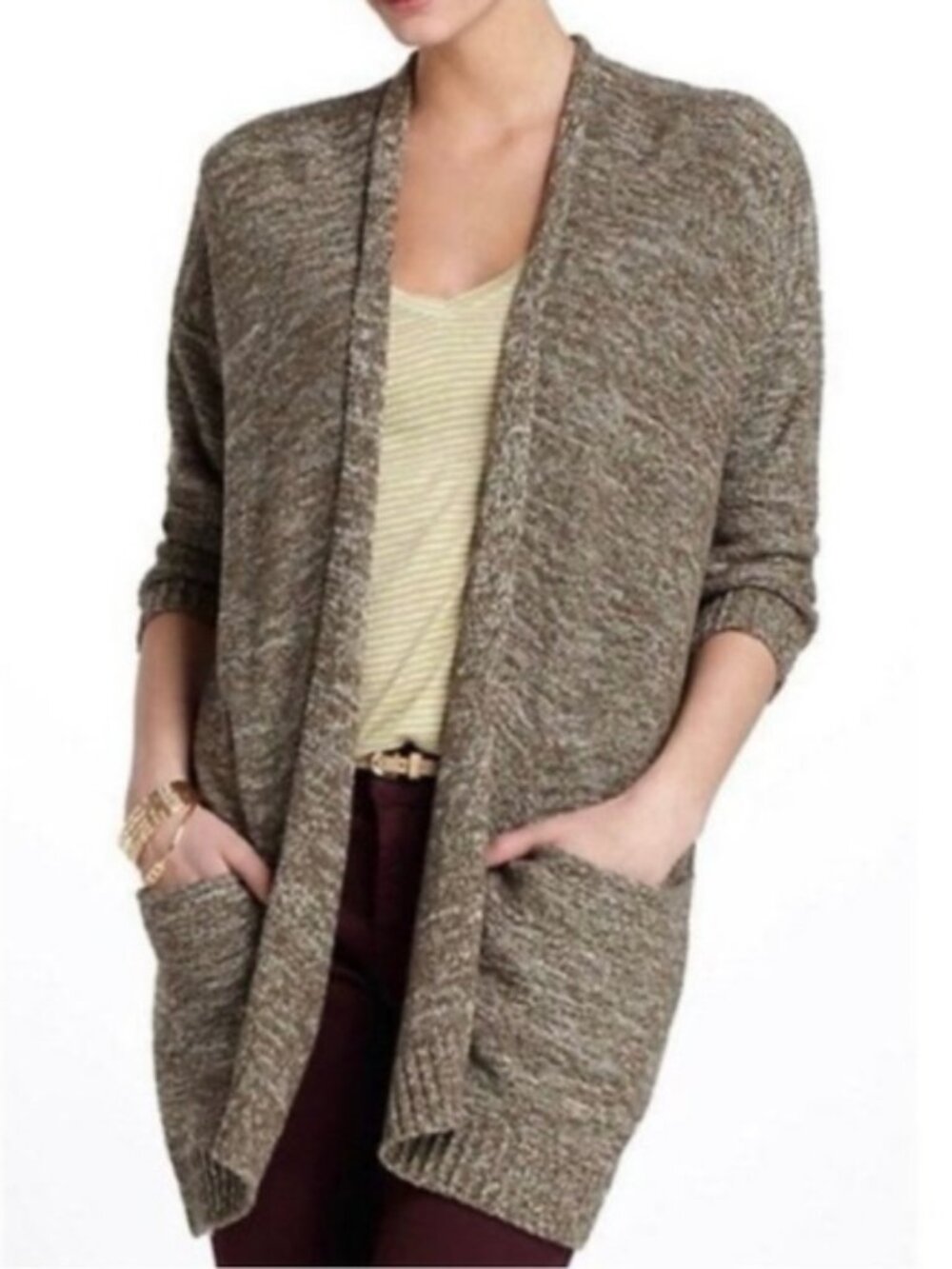 ANTHROPOLOGIE Knit Cardigan, Brown/Olive, L